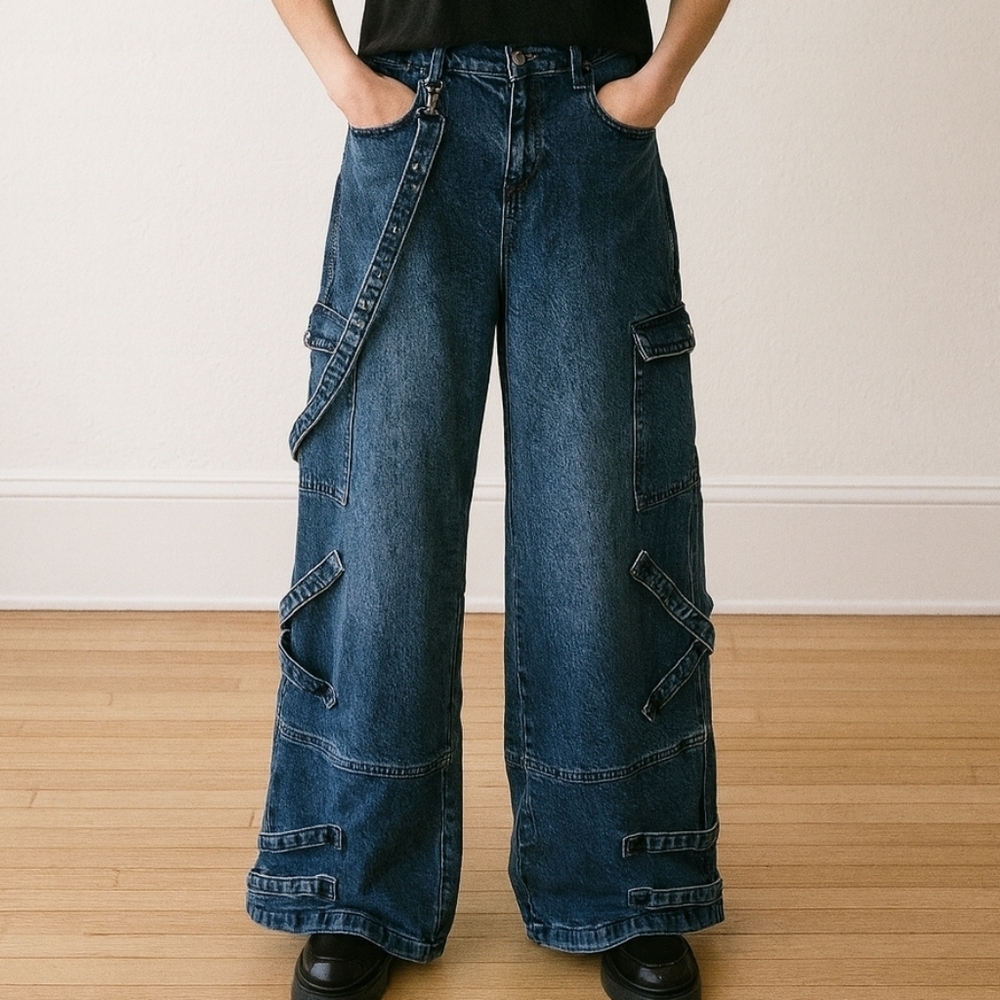 Hot Topic Wide-Leg Denim Cargo Jeans with Strappy Grommet Details Blue Size 7